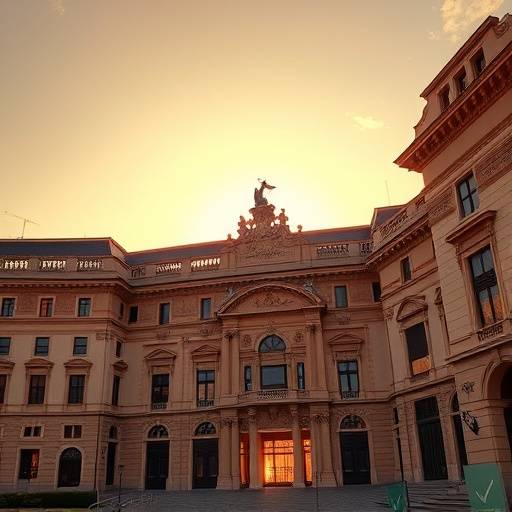 Fachada principal del Museo del Prado en Madrid al atardecer