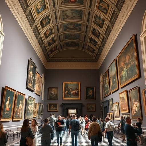 Interior del Museo del Prado en Madrid, mostrando pinturas cl&aacute;sicas y visitantes observando las obras de arte
