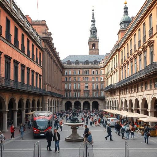Plaza Mayor de Madrid con edificios hist&oacute;ricos y bullicio