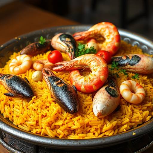 Un plato de paella valenciana con mariscos y arroz amarillo